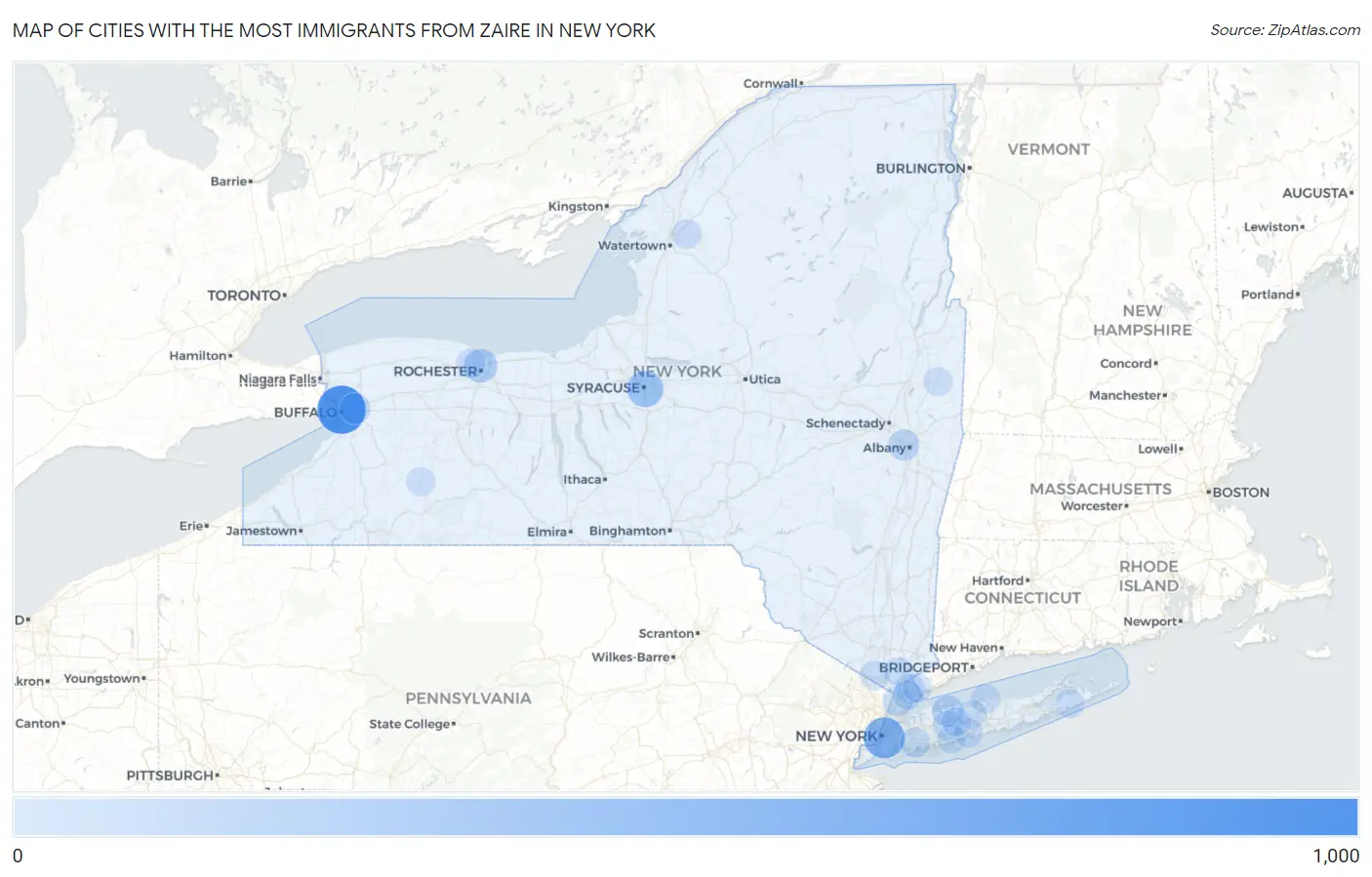 Cities with the Most Immigrants from Zaire in New York Map
