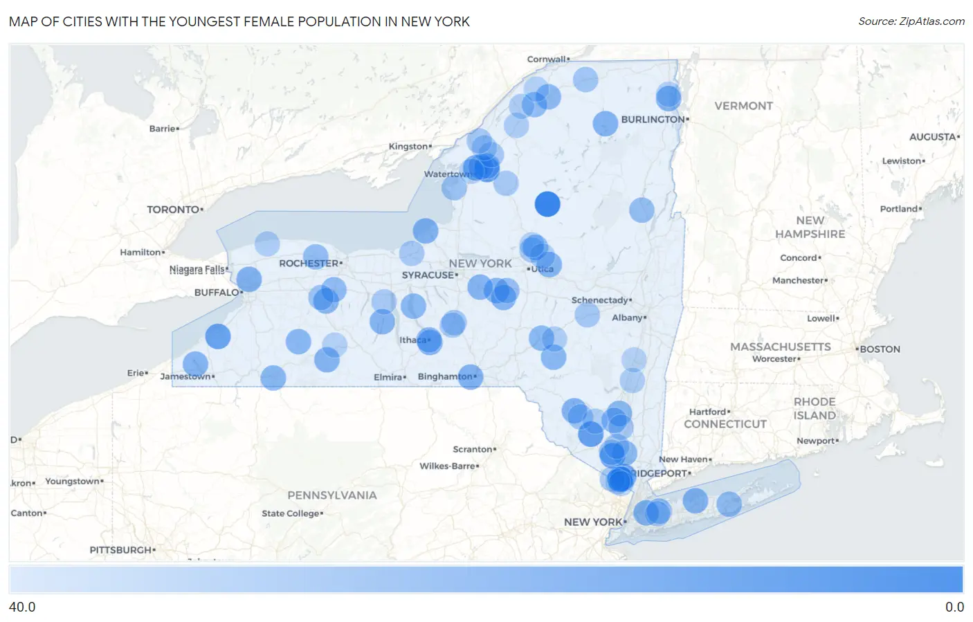 Cities with the Youngest Female Population in New York Map
