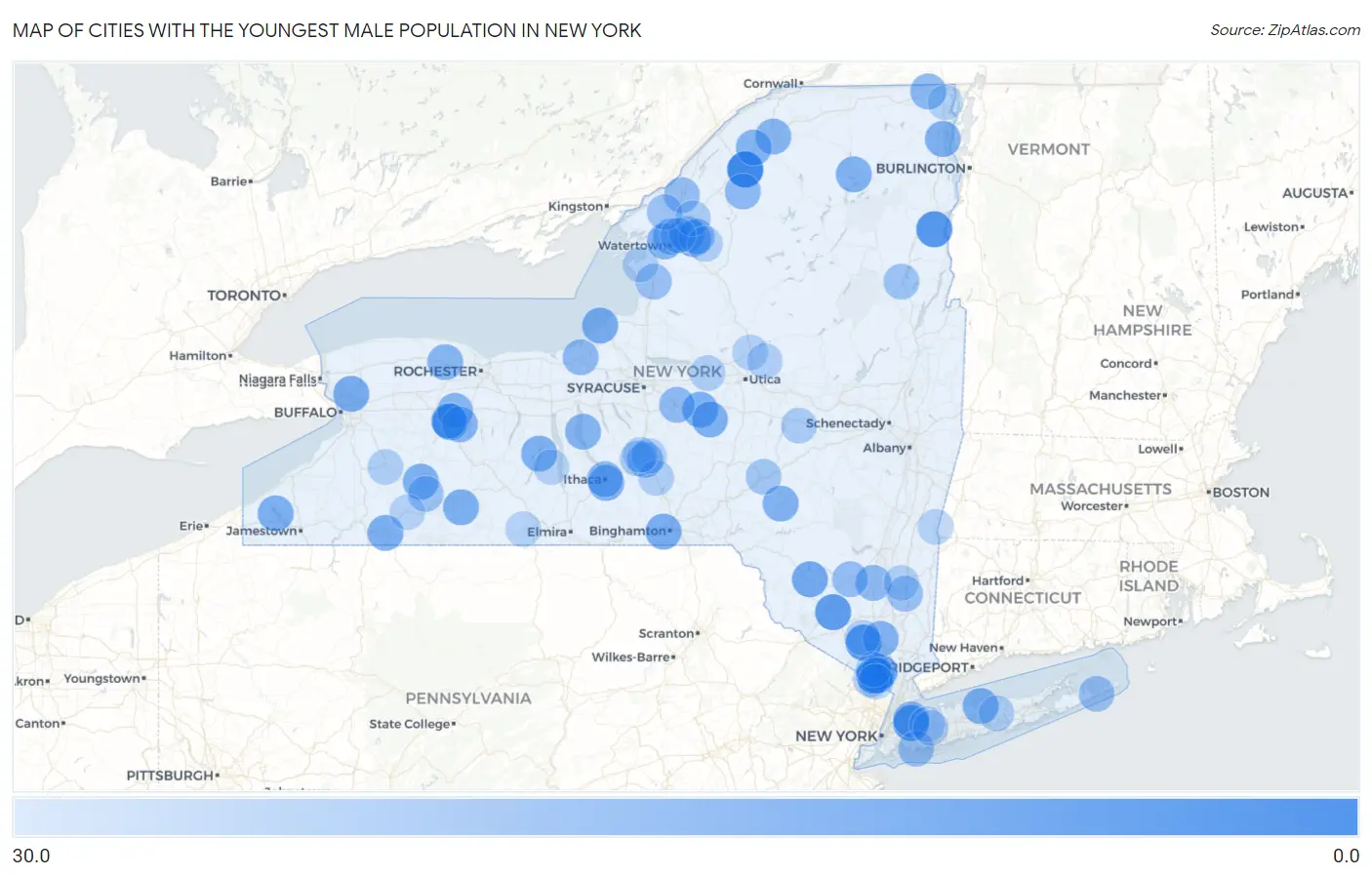 Cities with the Youngest Male Population in New York Map