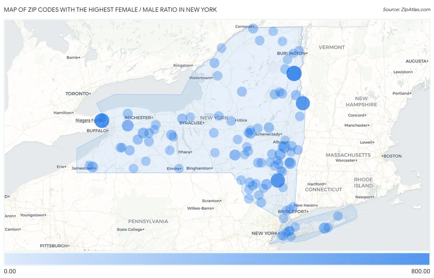 Zip Codes with the Highest Female / Male Ratio in New York Map