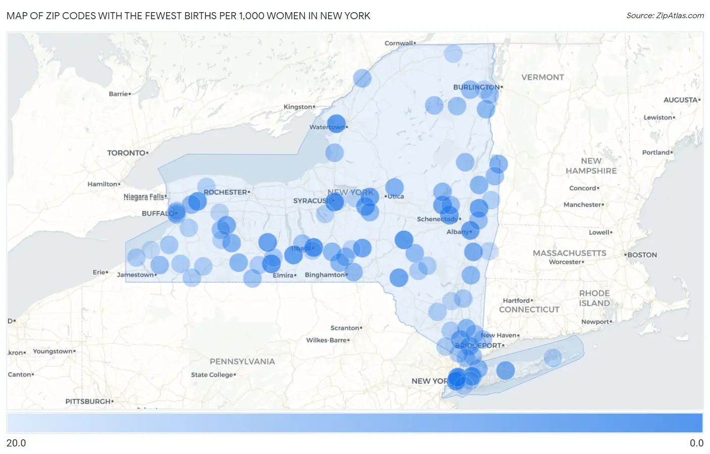 Zip Codes with the Fewest Births per 1,000 Women in New York Map