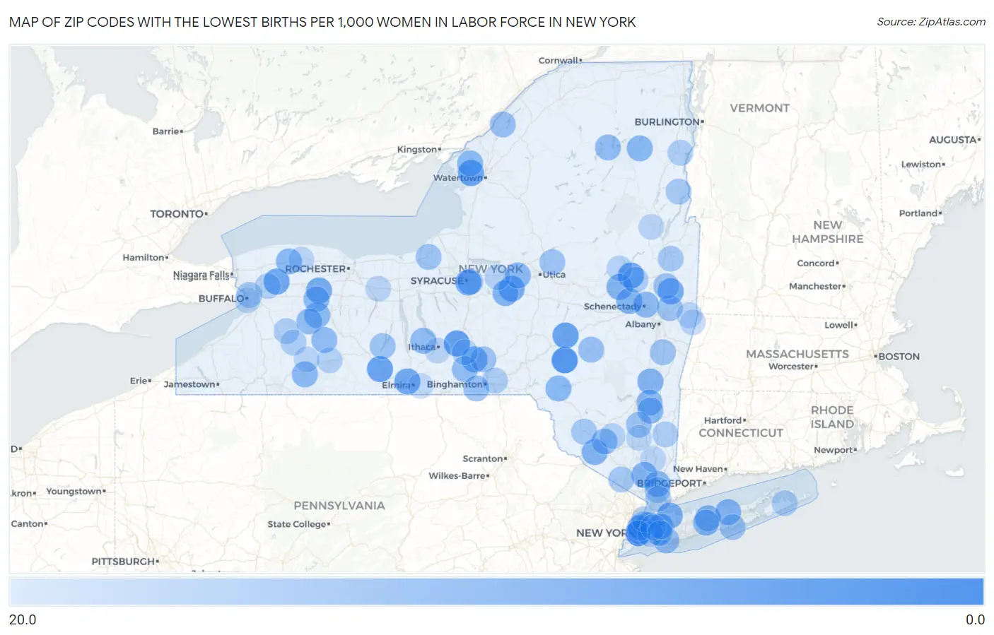 Zip Codes with the Lowest Births per 1,000 Women in Labor Force in New York Map