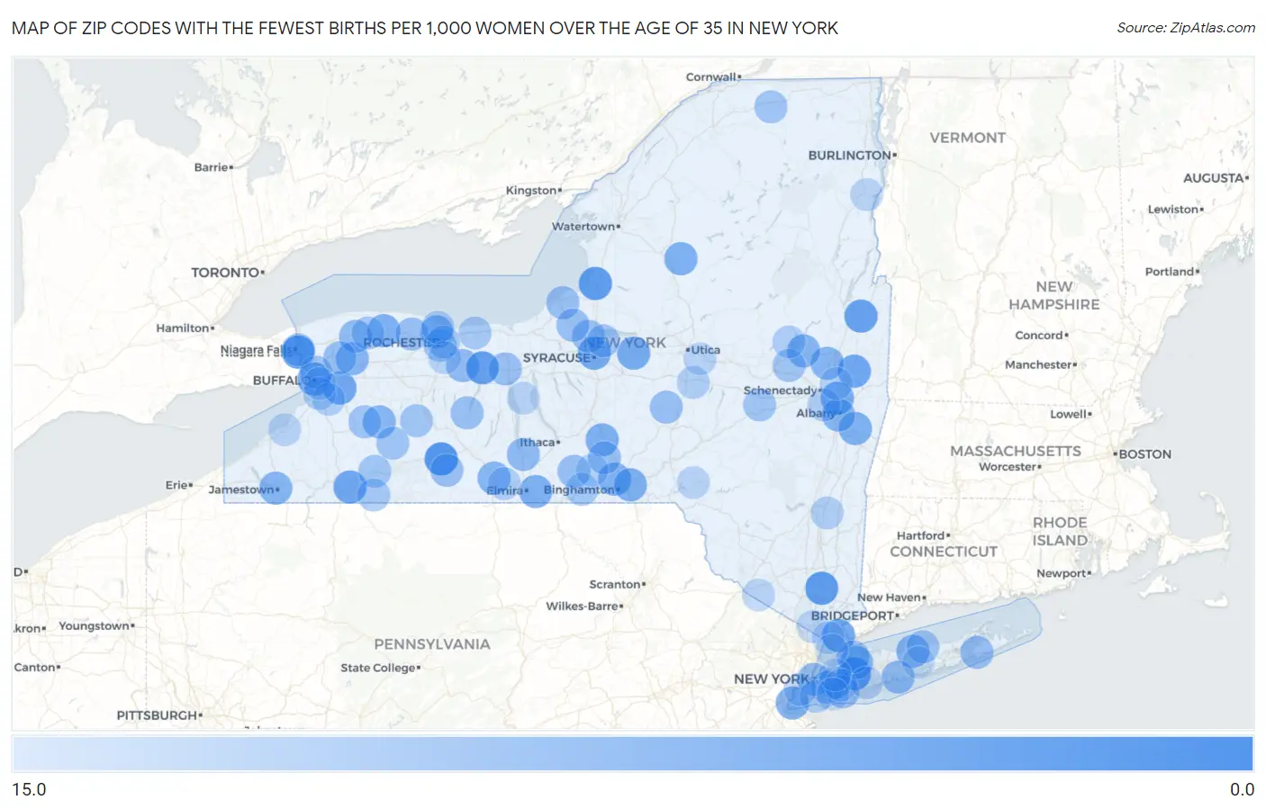 Zip Codes with the Fewest Births per 1,000 Women Over the Age of 35 in New York Map