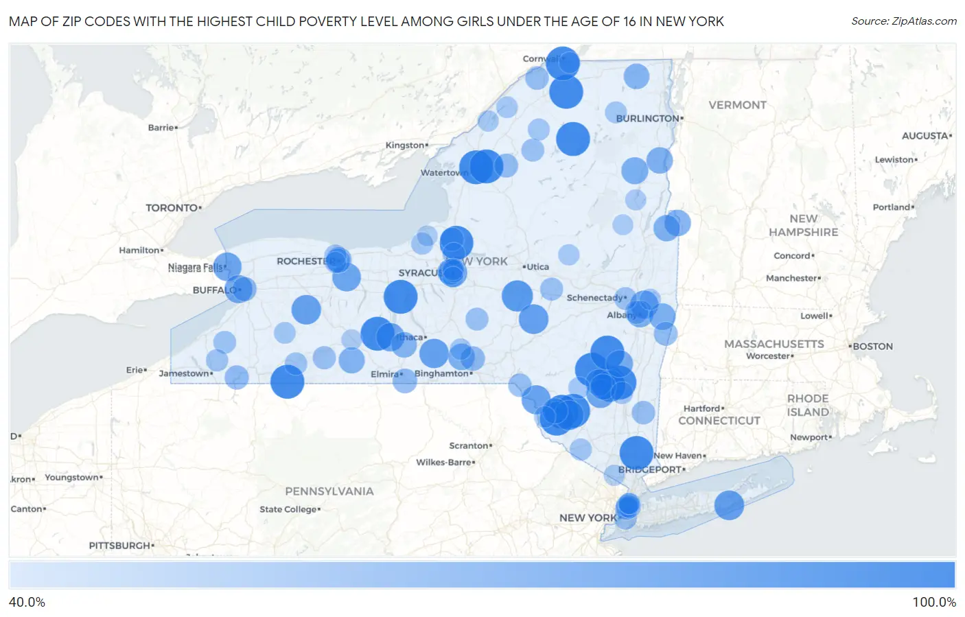 Zip Codes with the Highest Child Poverty Level Among Girls Under the Age of 16 in New York Map