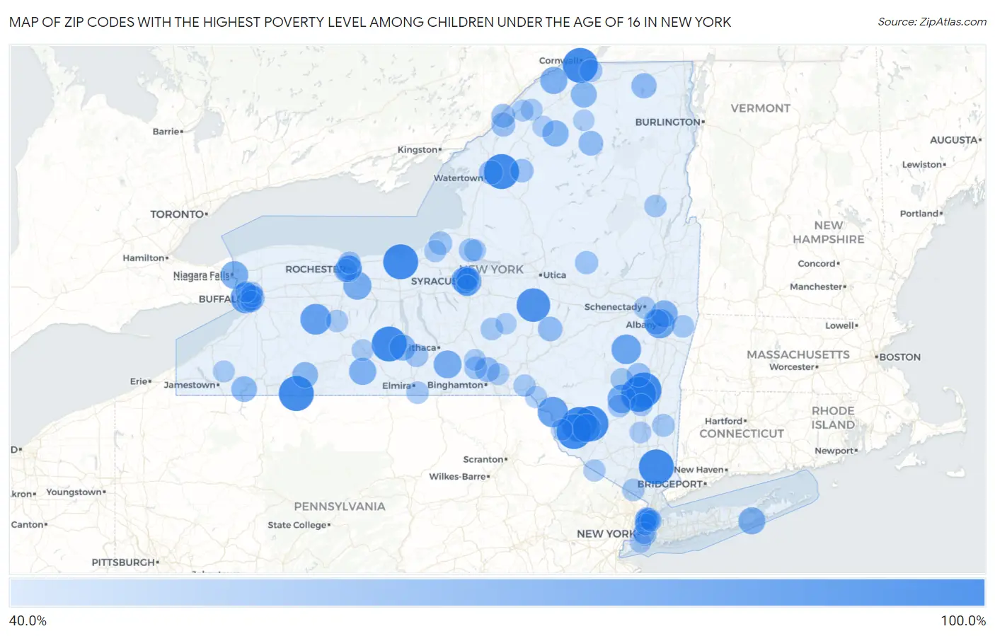 Zip Codes with the Highest Poverty Level Among Children Under the Age of 16 in New York Map