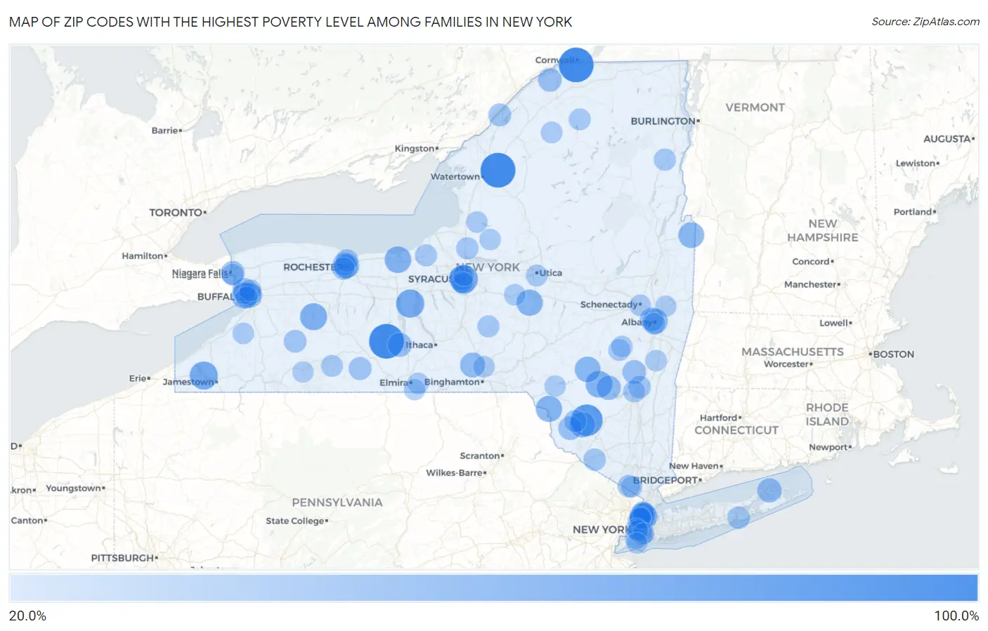 Zip Codes with the Highest Poverty Level Among Families in New York Map