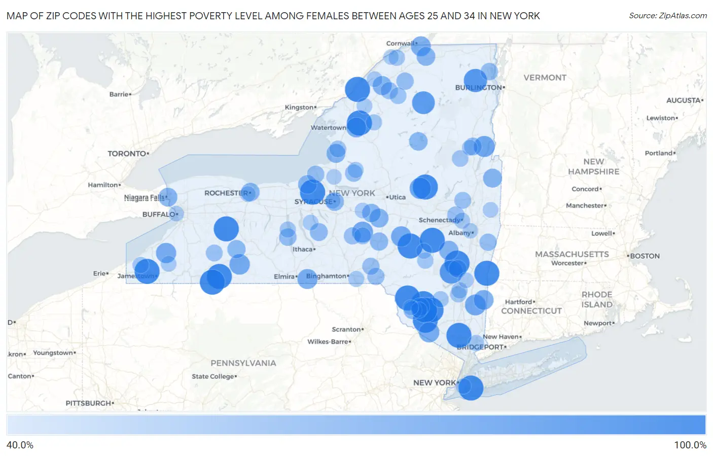 Zip Codes with the Highest Poverty Level Among Females Between Ages 25 and 34 in New York Map