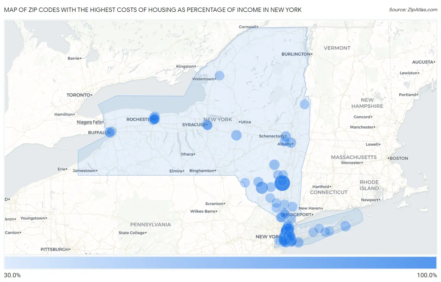 Zip Codes with the Highest Costs of Housing as Percentage of Income in New York Map
