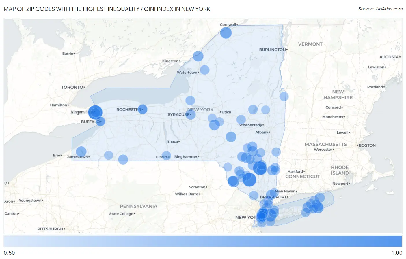 Zip Codes with the Highest Inequality / Gini Index in New York Map