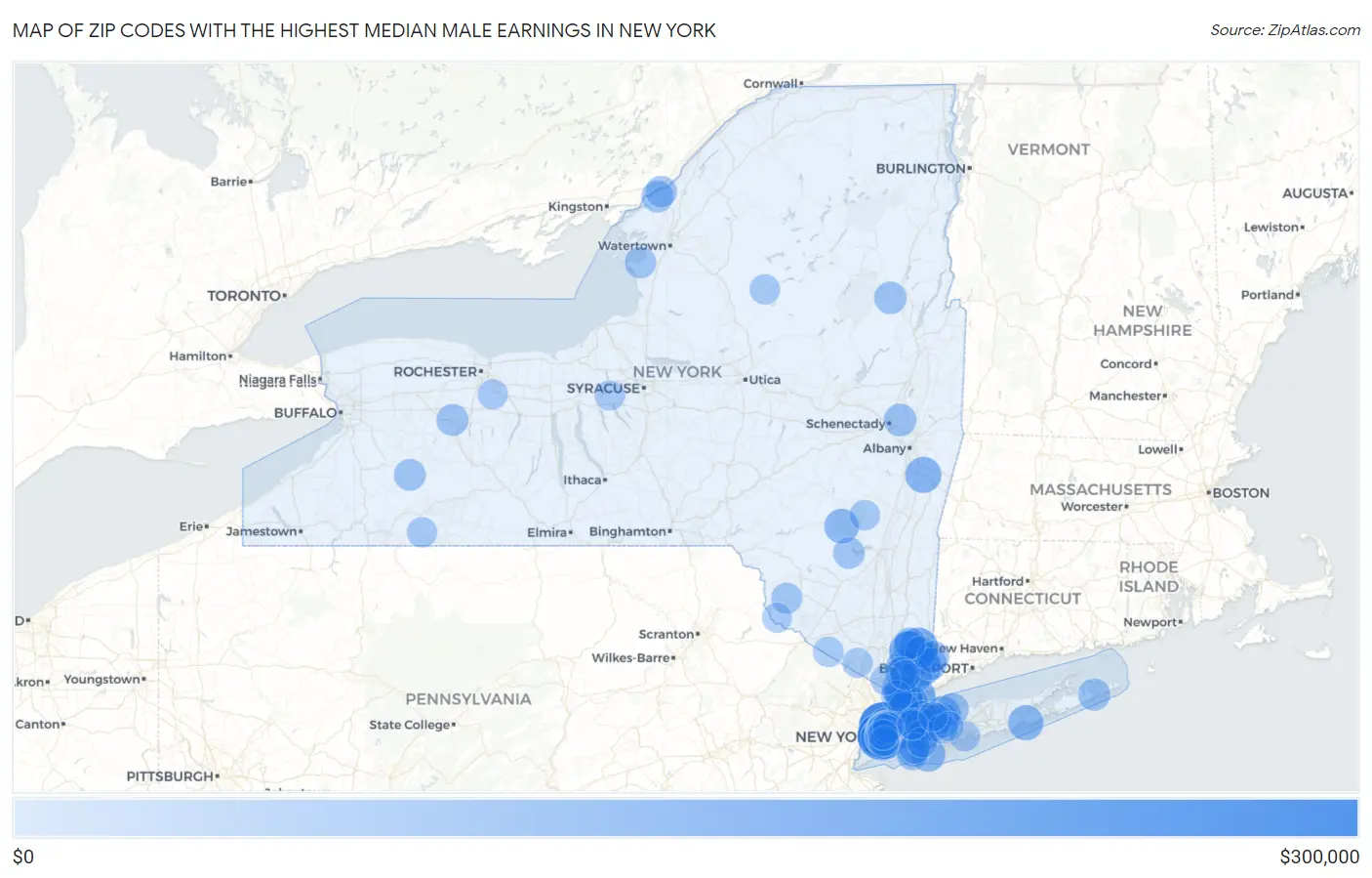 Zip Codes with the Highest Median Male Earnings in New York Map