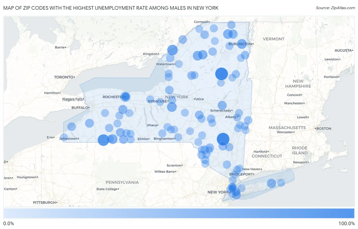 Zip Codes with the Highest Unemployment Rate Among Males in New York Map
