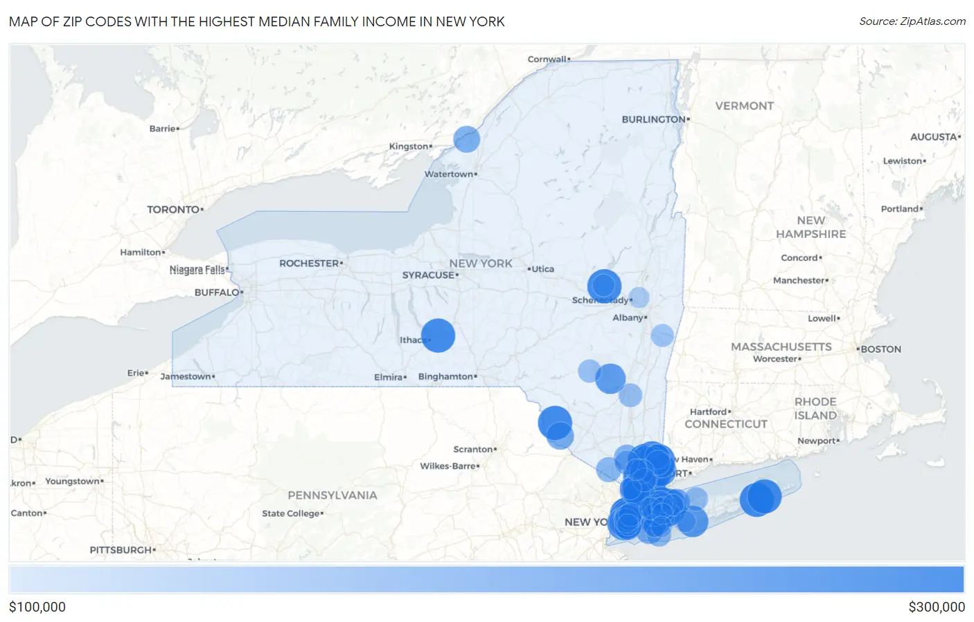 Zip Codes with the Highest Median Family Income in New York Map