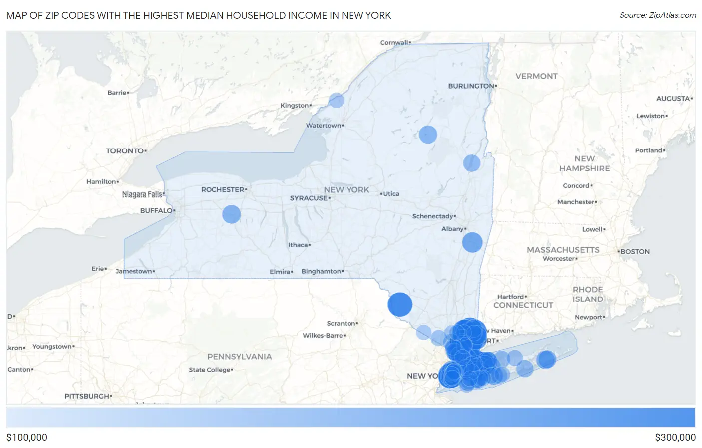 Zip Codes with the Highest Median Household Income in New York Map