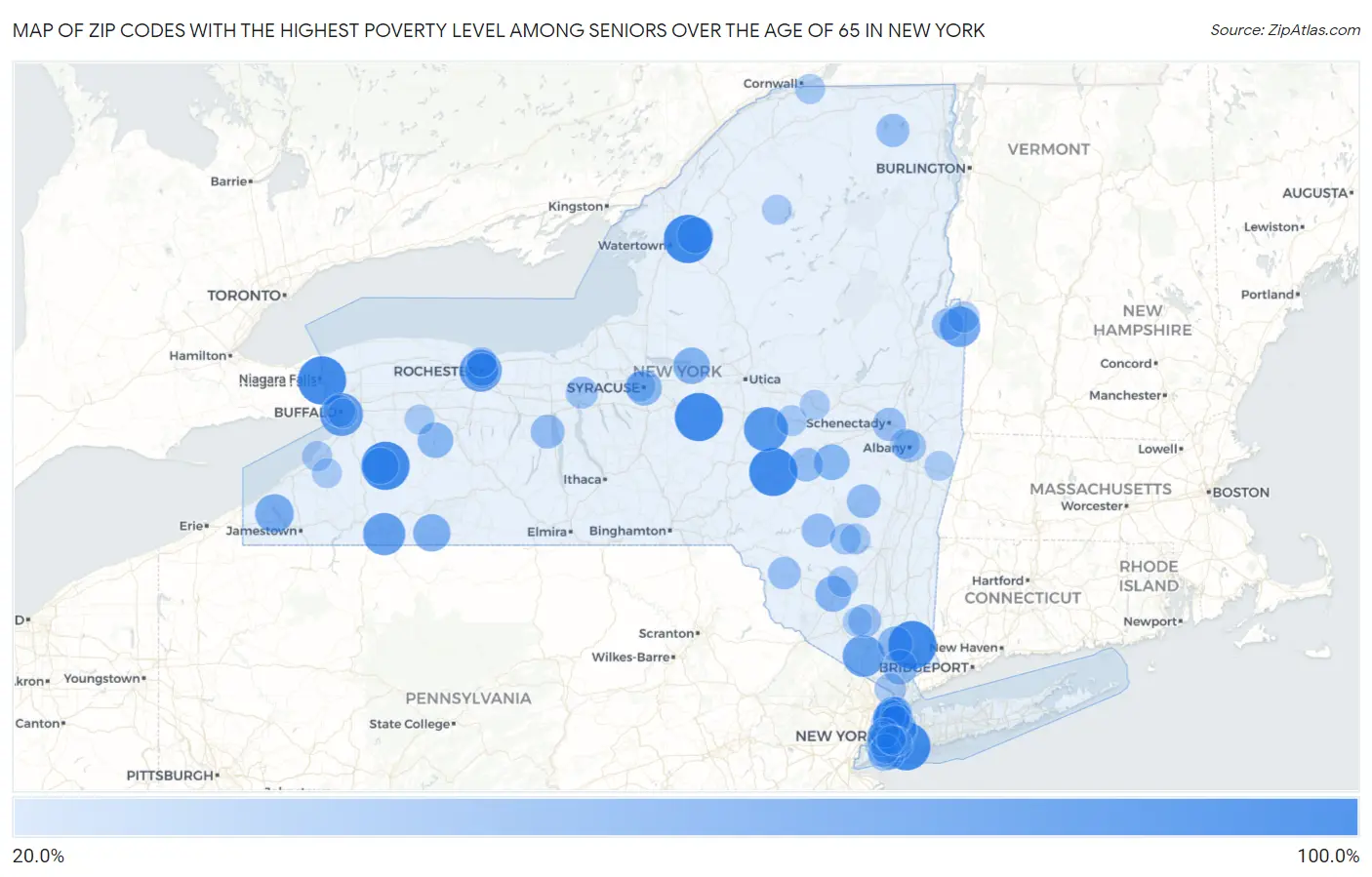 Zip Codes with the Highest Poverty Level Among Seniors Over the Age of 65 in New York Map