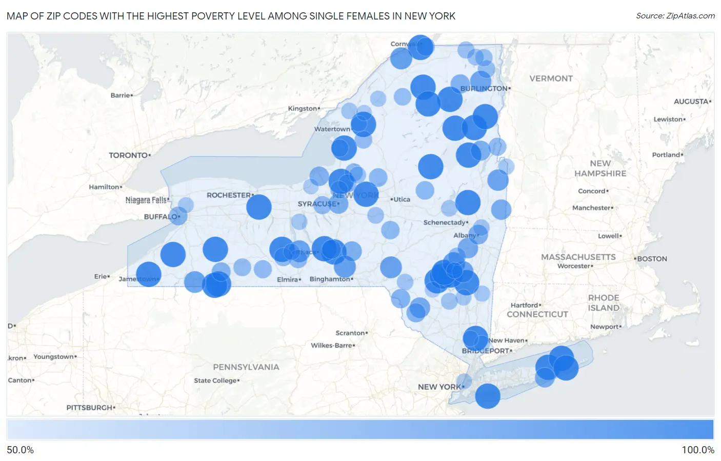 Zip Codes with the Highest Poverty Level Among Single Females in New York Map