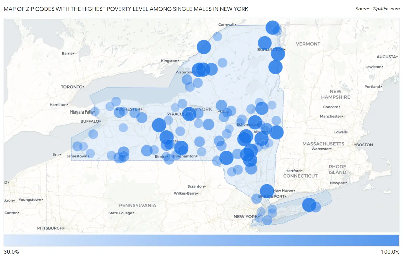 Zip Codes with the Highest Poverty Level Among Single Males in New York Map