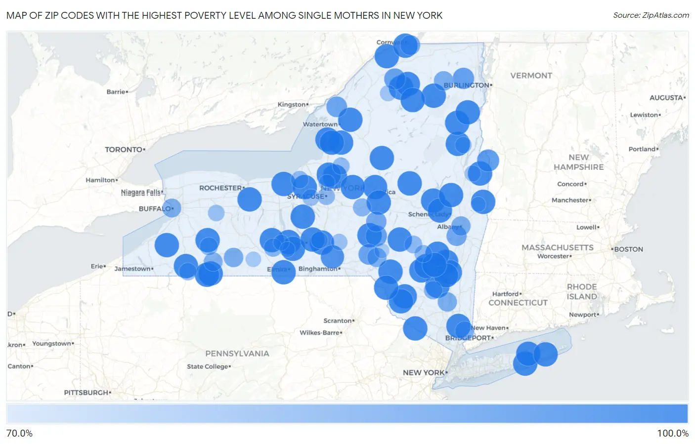 Zip Codes with the Highest Poverty Level Among Single Mothers in New York Map