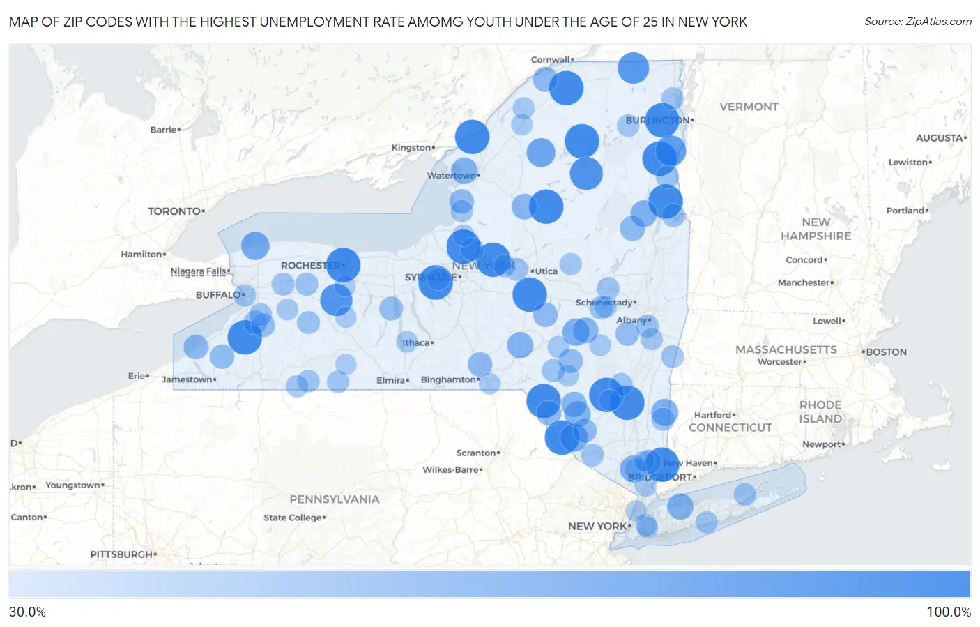 Zip Codes with the Highest Unemployment Rate Amomg Youth Under the Age of 25 in New York Map
