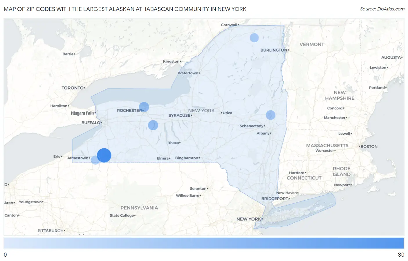 Zip Codes with the Largest Alaskan Athabascan Community in New York Map