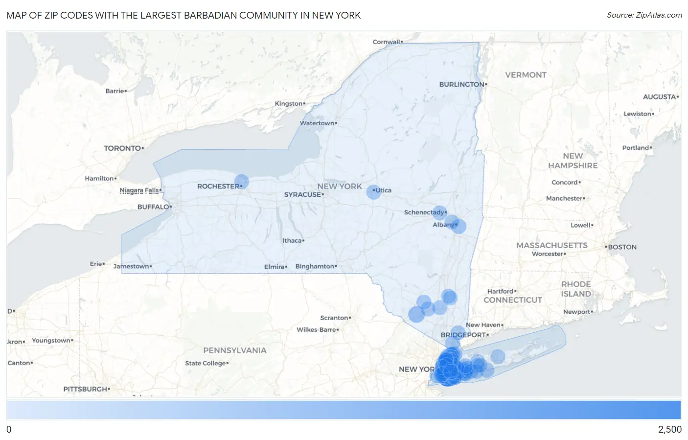 Zip Codes with the Largest Barbadian Community in New York Map