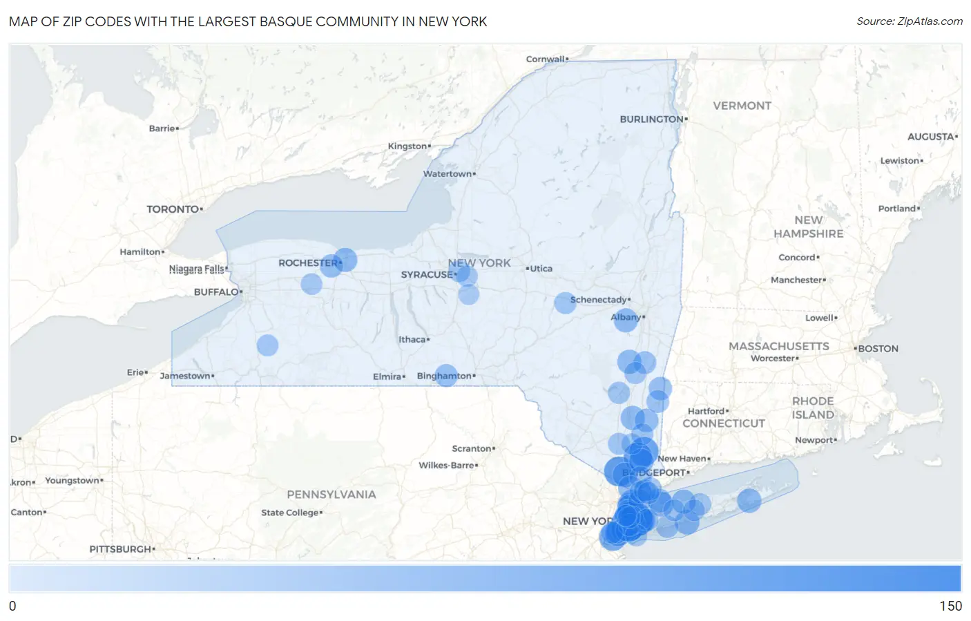 Zip Codes with the Largest Basque Community in New York Map