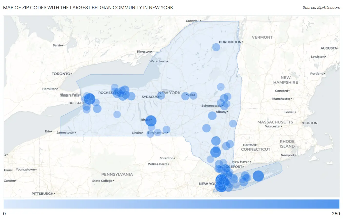 Zip Codes with the Largest Belgian Community in New York Map
