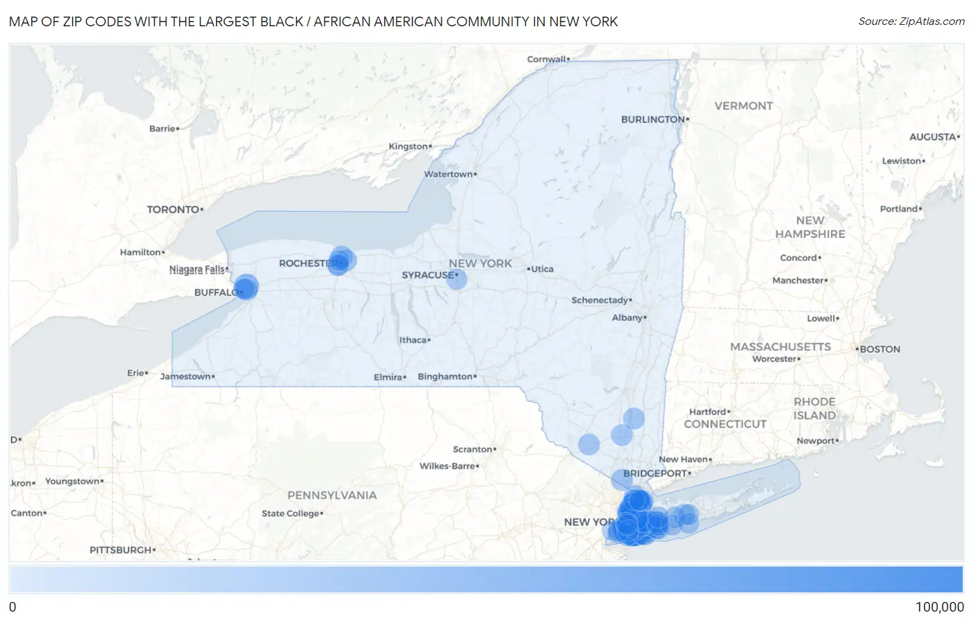 Zip Codes with the Largest Black / African American Community in New York Map