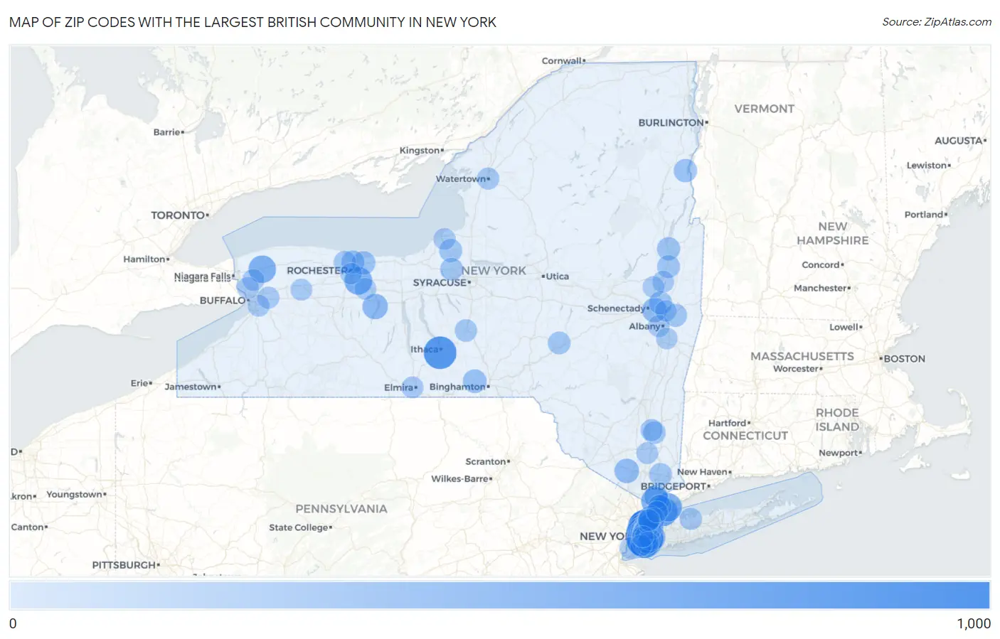 Zip Codes with the Largest British Community in New York Map
