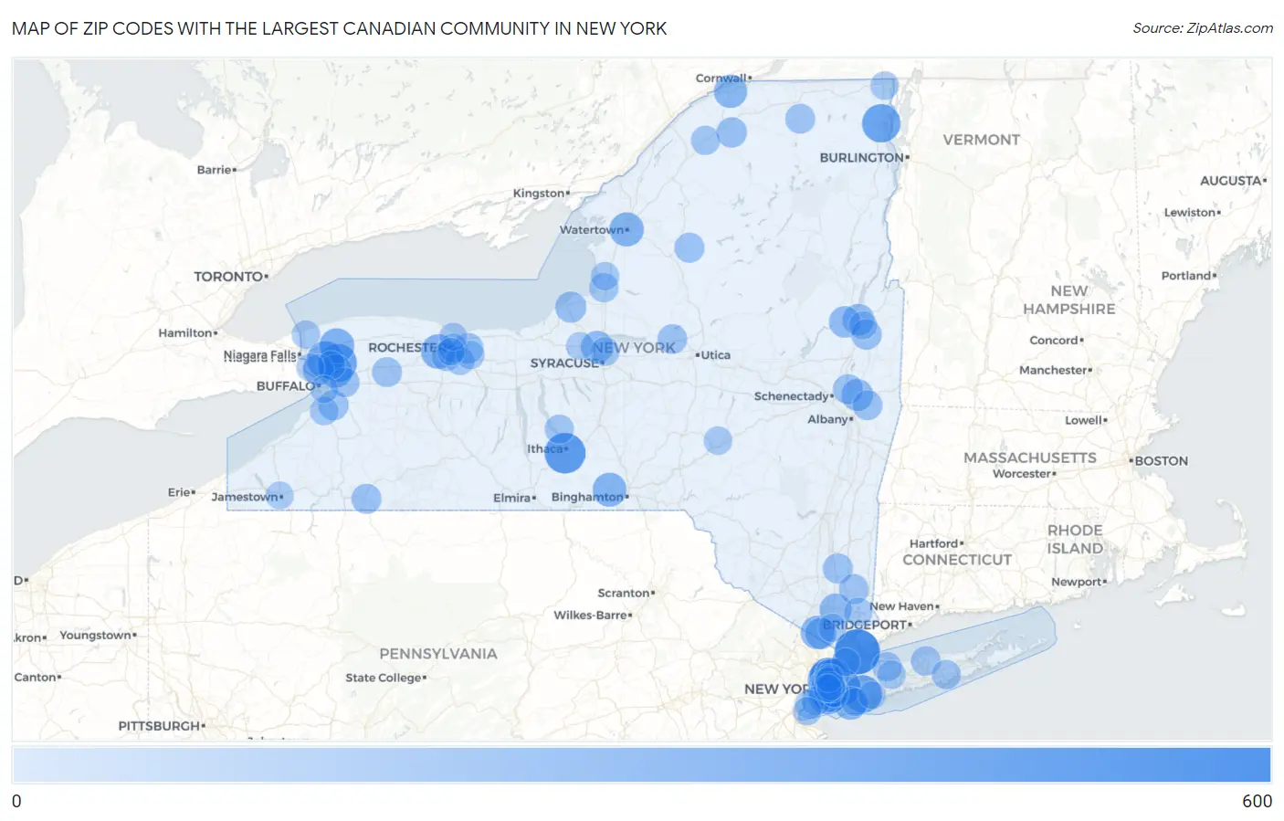 Zip Codes with the Largest Canadian Community in New York Map