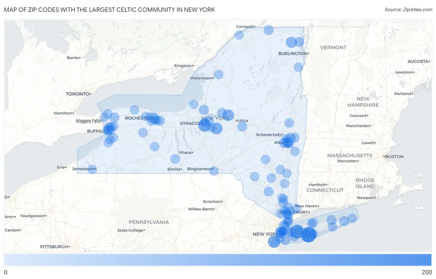 Zip Codes with the Largest Celtic Community in New York Map