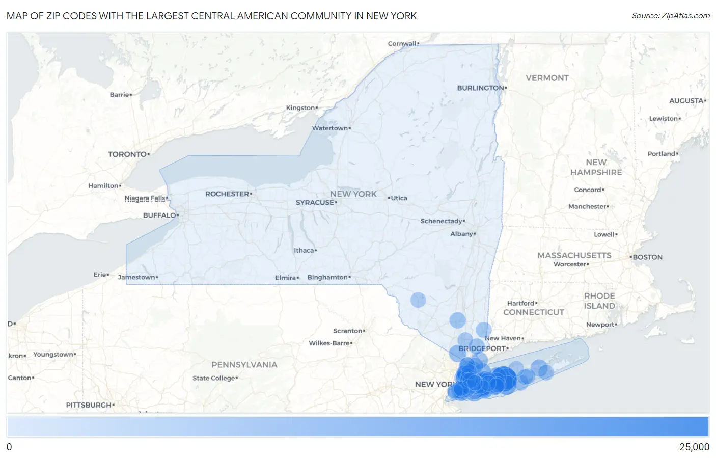 Zip Codes with the Largest Central American Community in New York Map