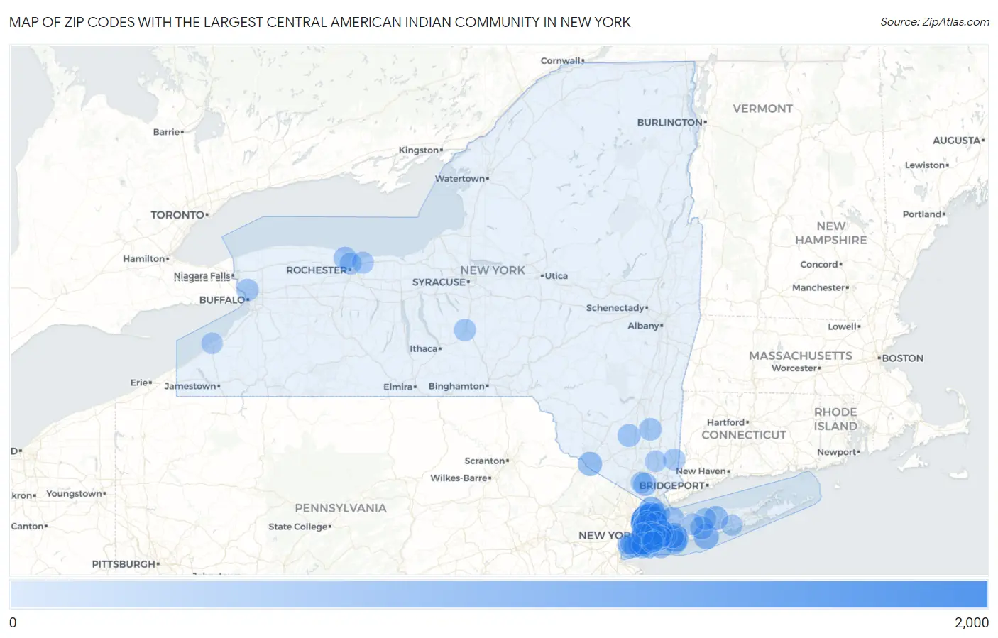 Zip Codes with the Largest Central American Indian Community in New York Map