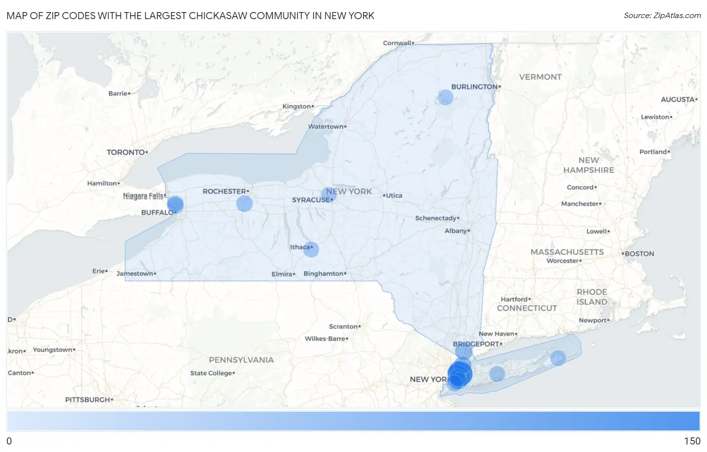 Zip Codes with the Largest Chickasaw Community in New York Map