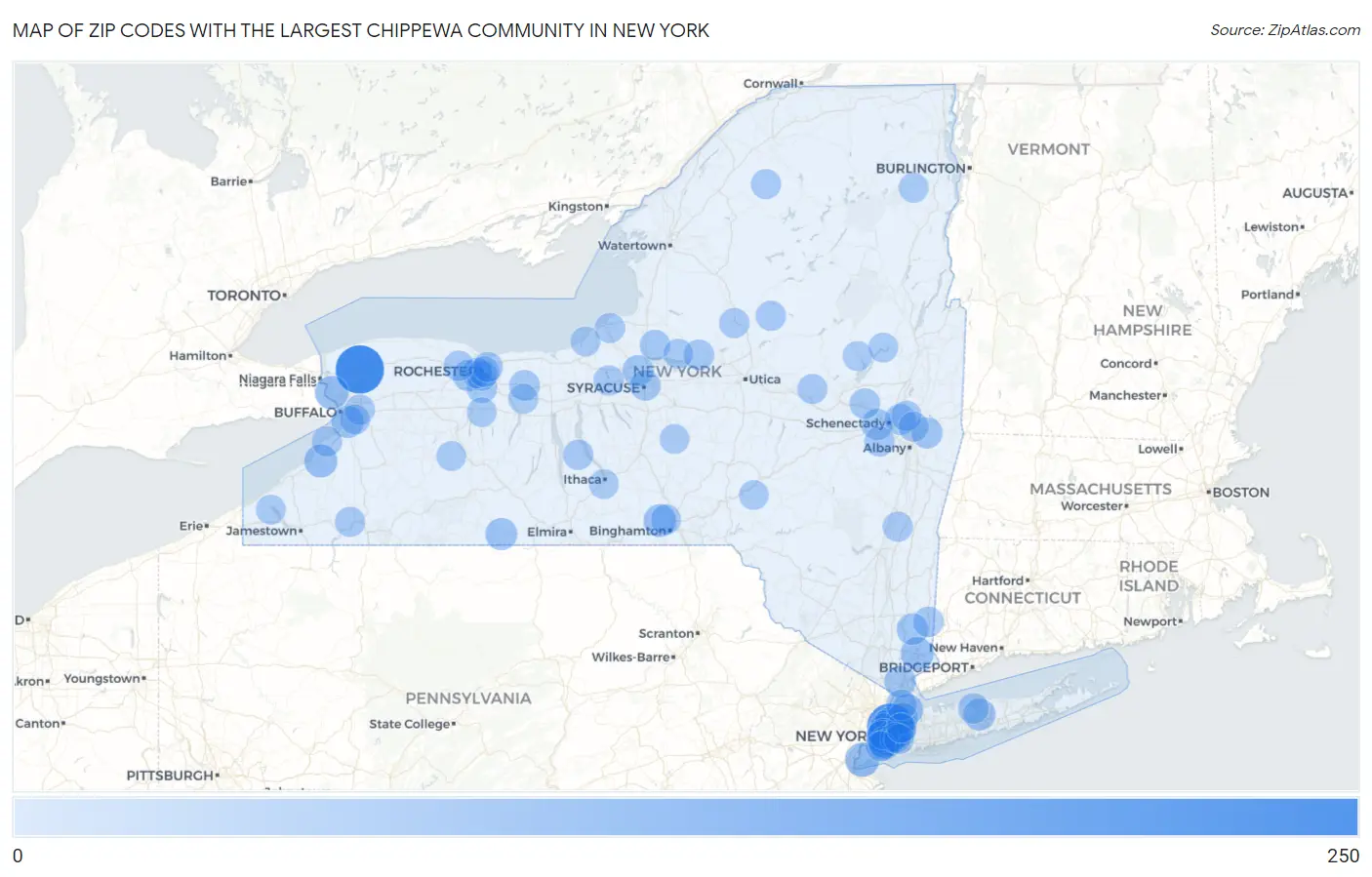 Zip Codes with the Largest Chippewa Community in New York Map