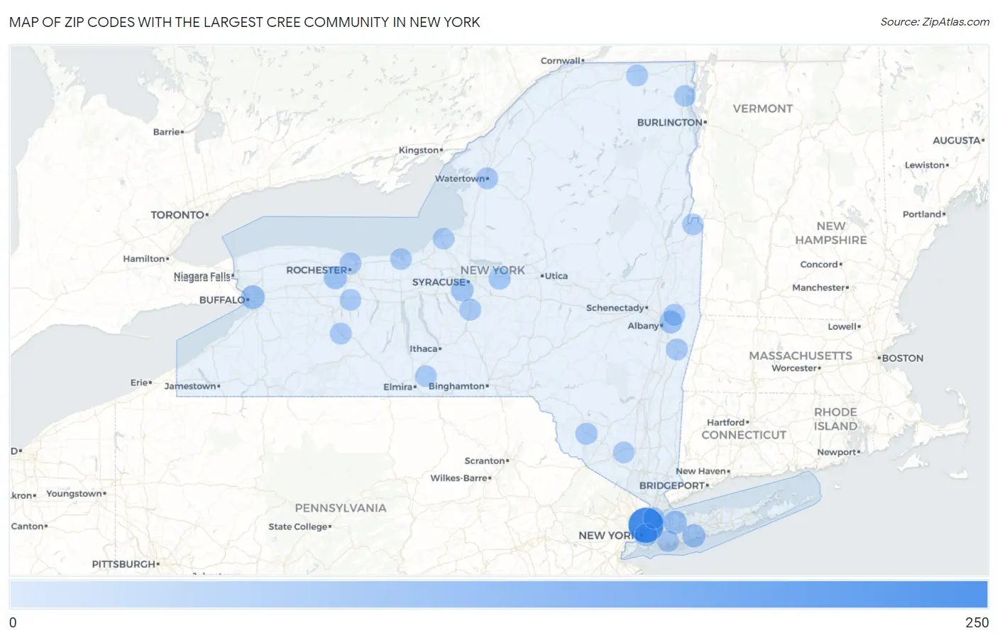Zip Codes with the Largest Cree Community in New York Map