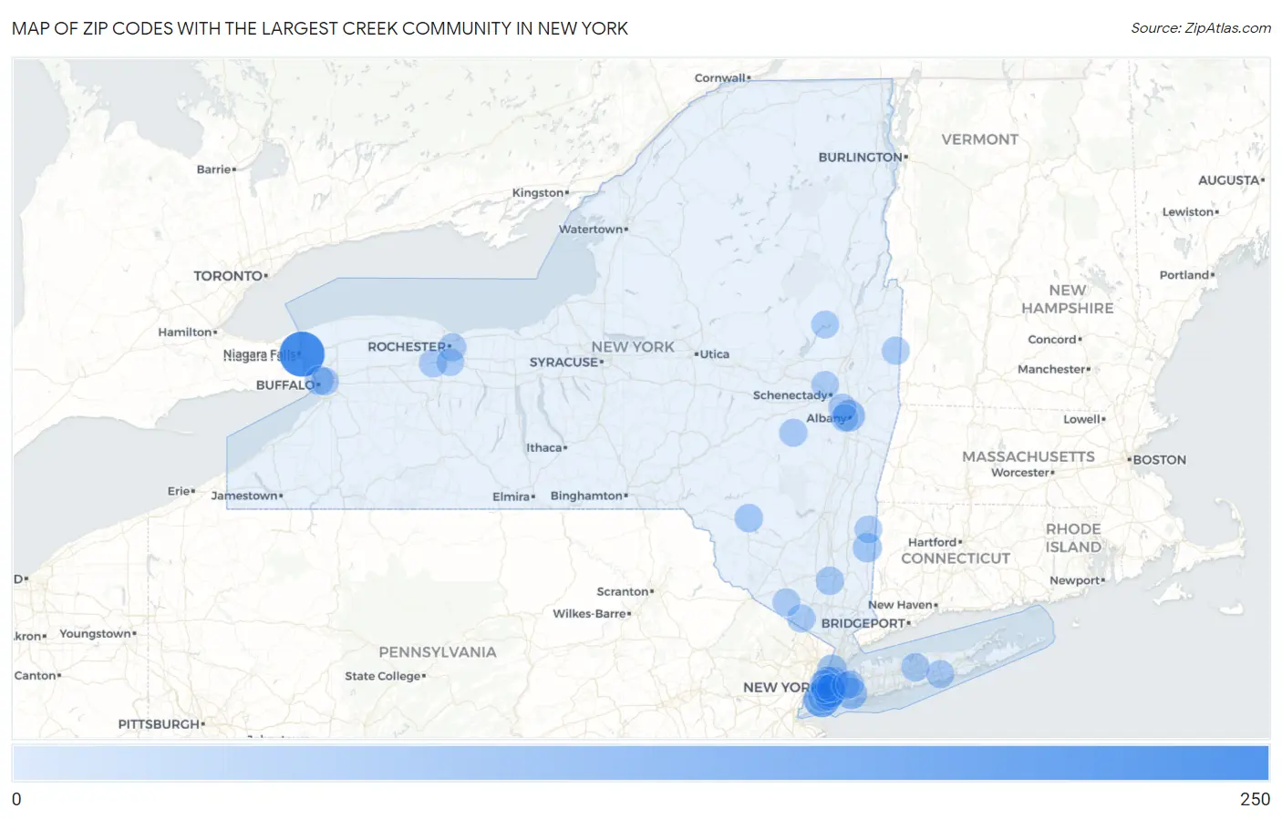 Zip Codes with the Largest Creek Community in New York Map