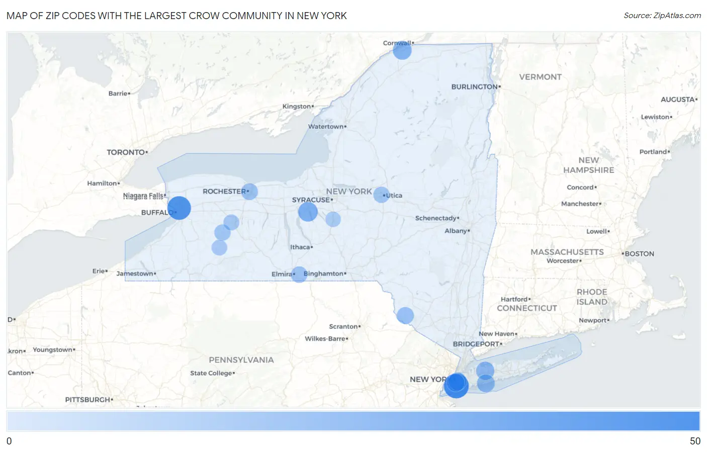 Zip Codes with the Largest Crow Community in New York Map