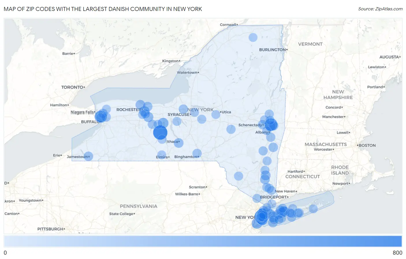 Zip Codes with the Largest Danish Community in New York Map