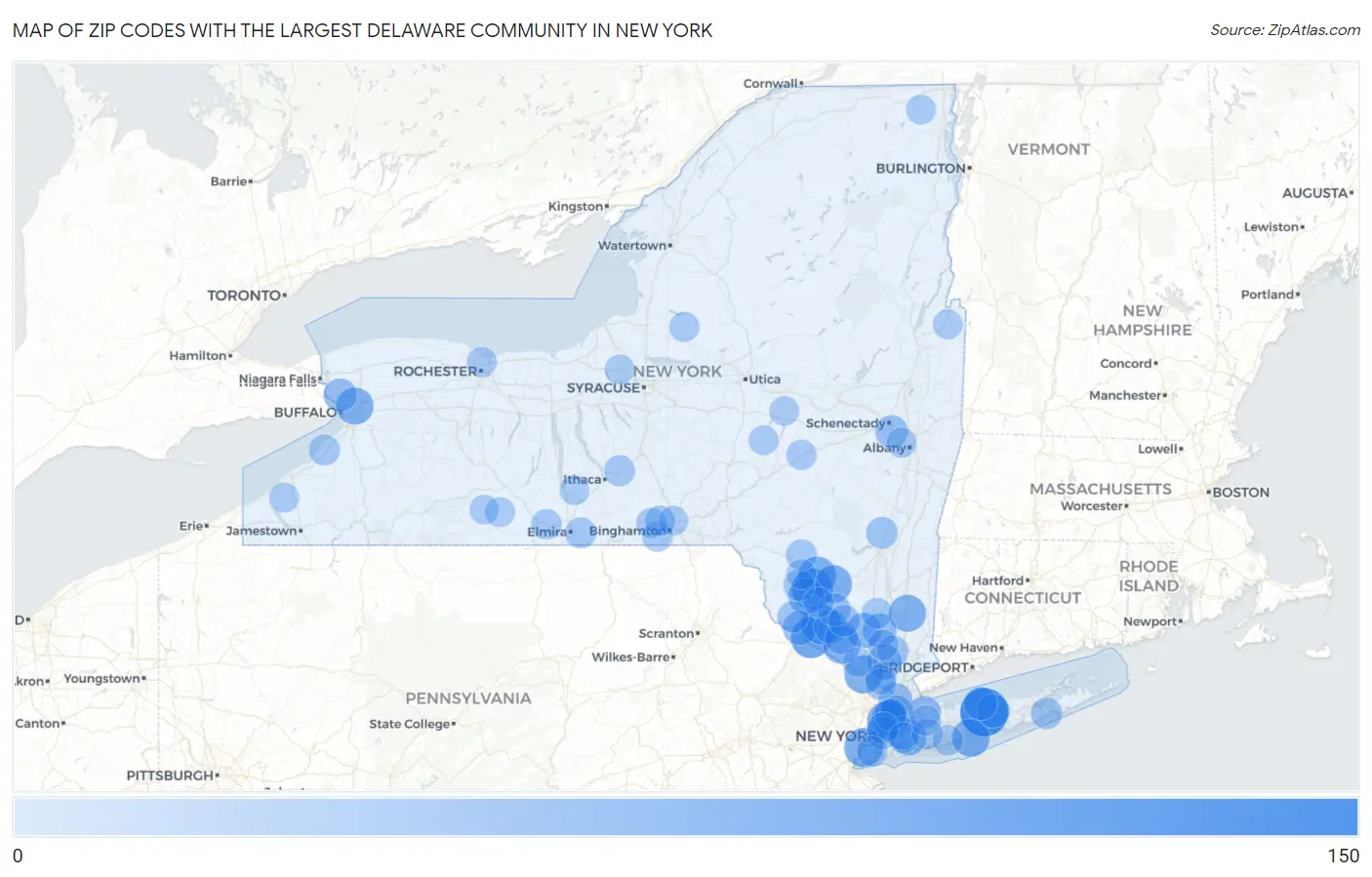 Zip Codes with the Largest Delaware Community in New York Map
