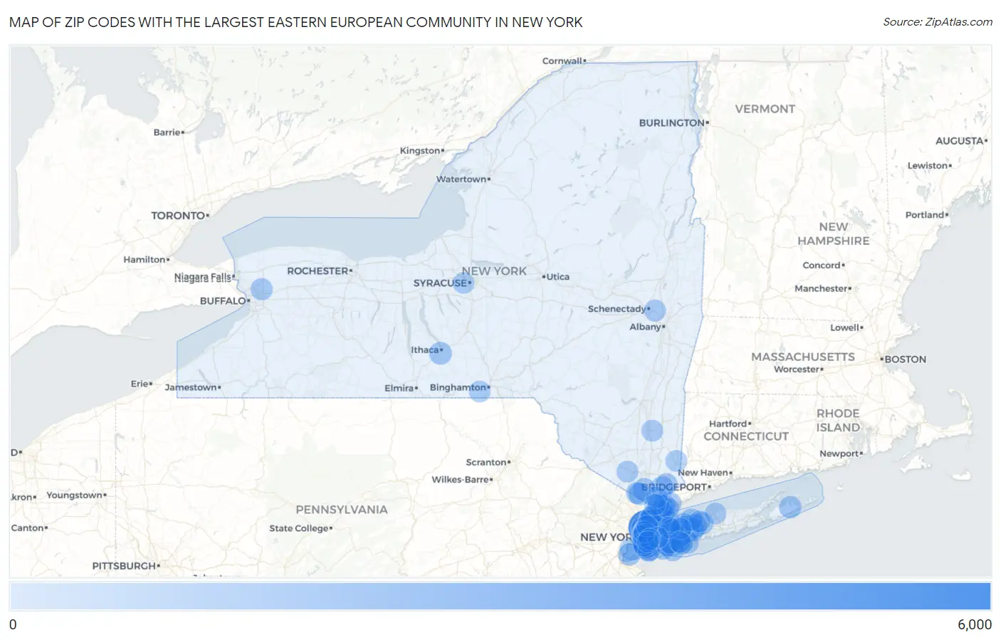 Zip Codes with the Largest Eastern European Community in New York Map