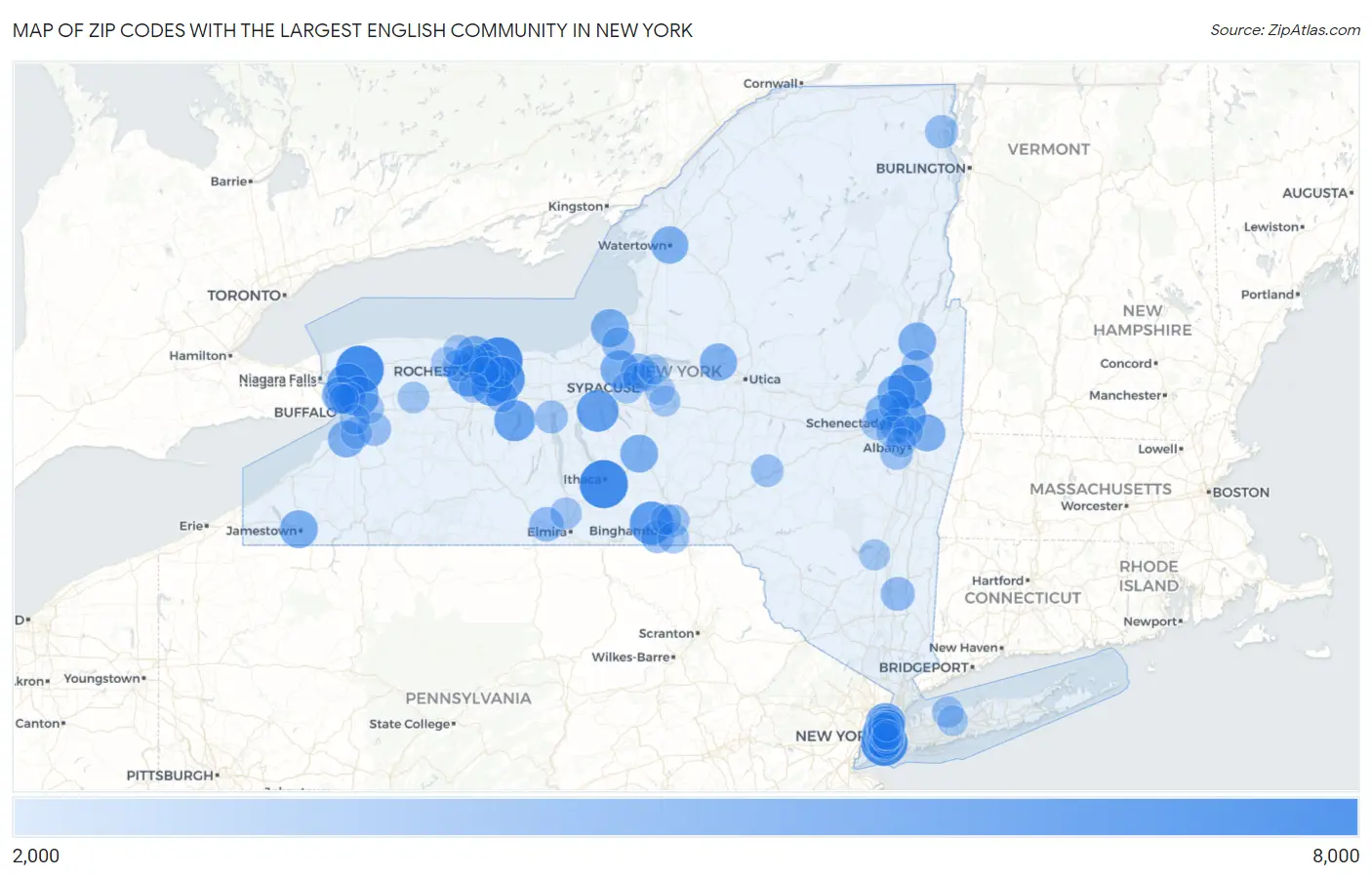 Zip Codes with the Largest English Community in New York Map