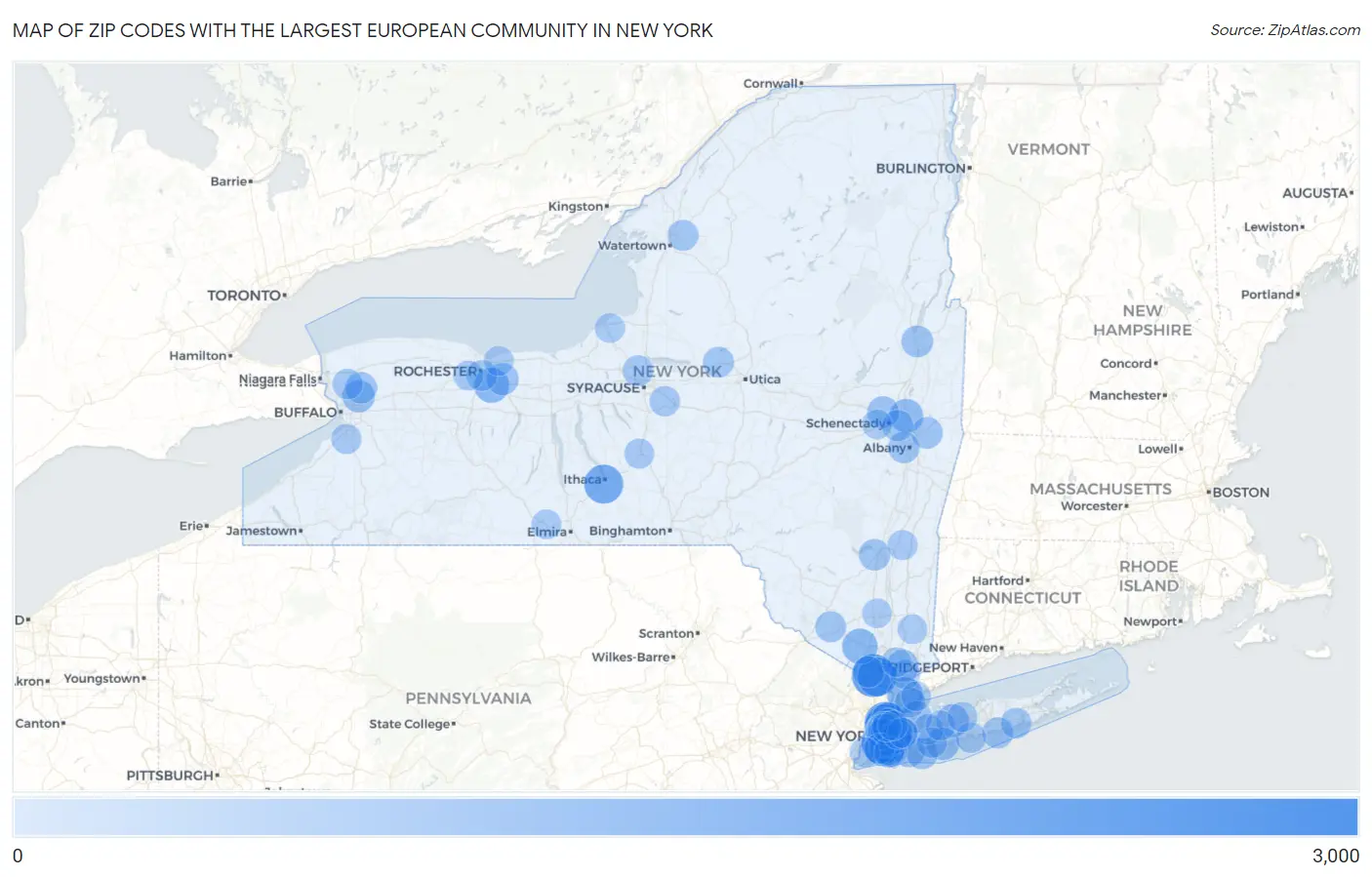 Zip Codes with the Largest European Community in New York Map