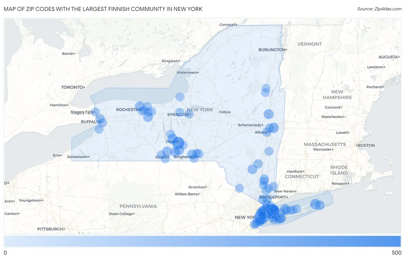 Zip Codes with the Largest Finnish Community in New York Map