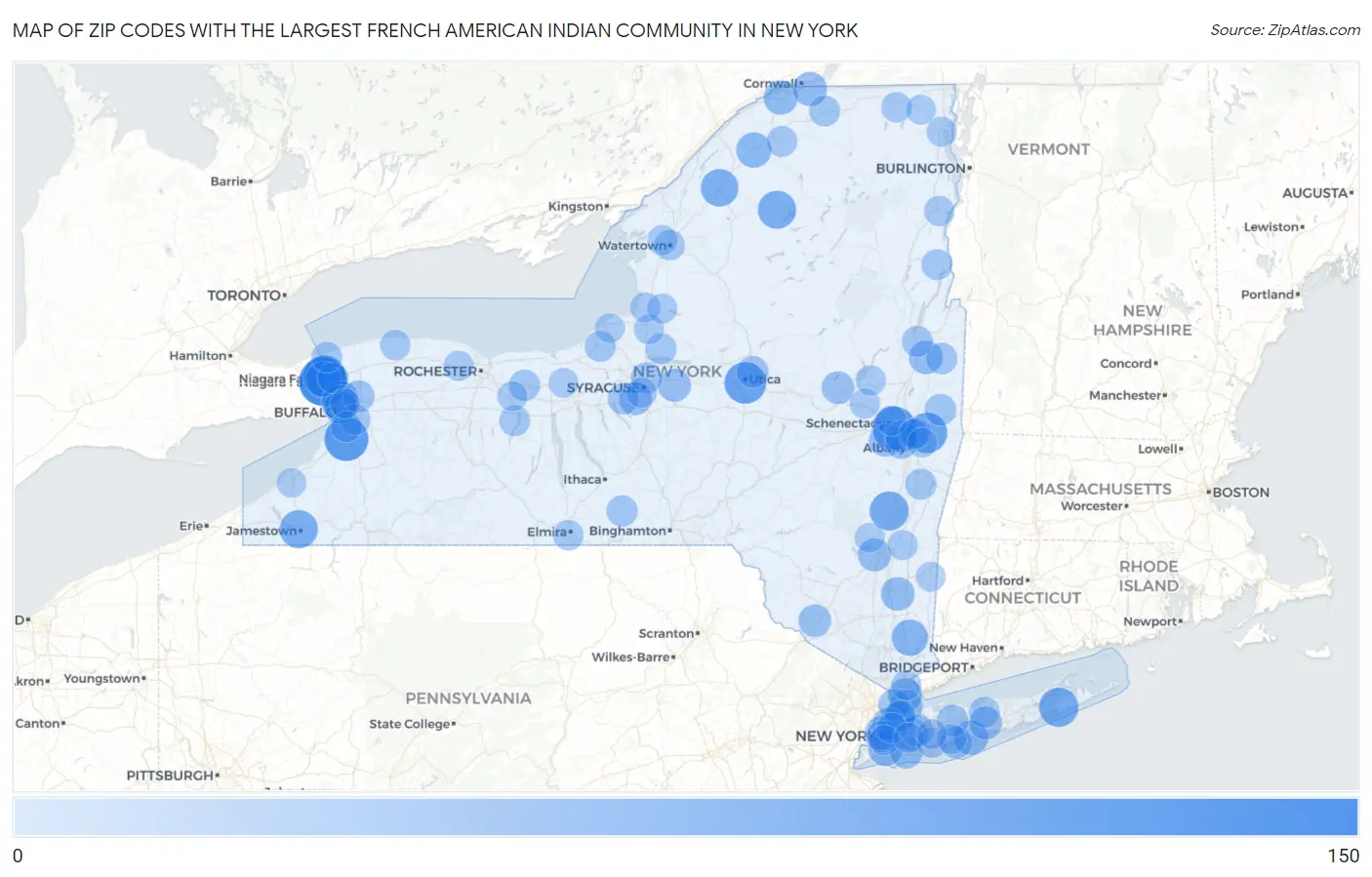 Zip Codes with the Largest French American Indian Community in New York Map