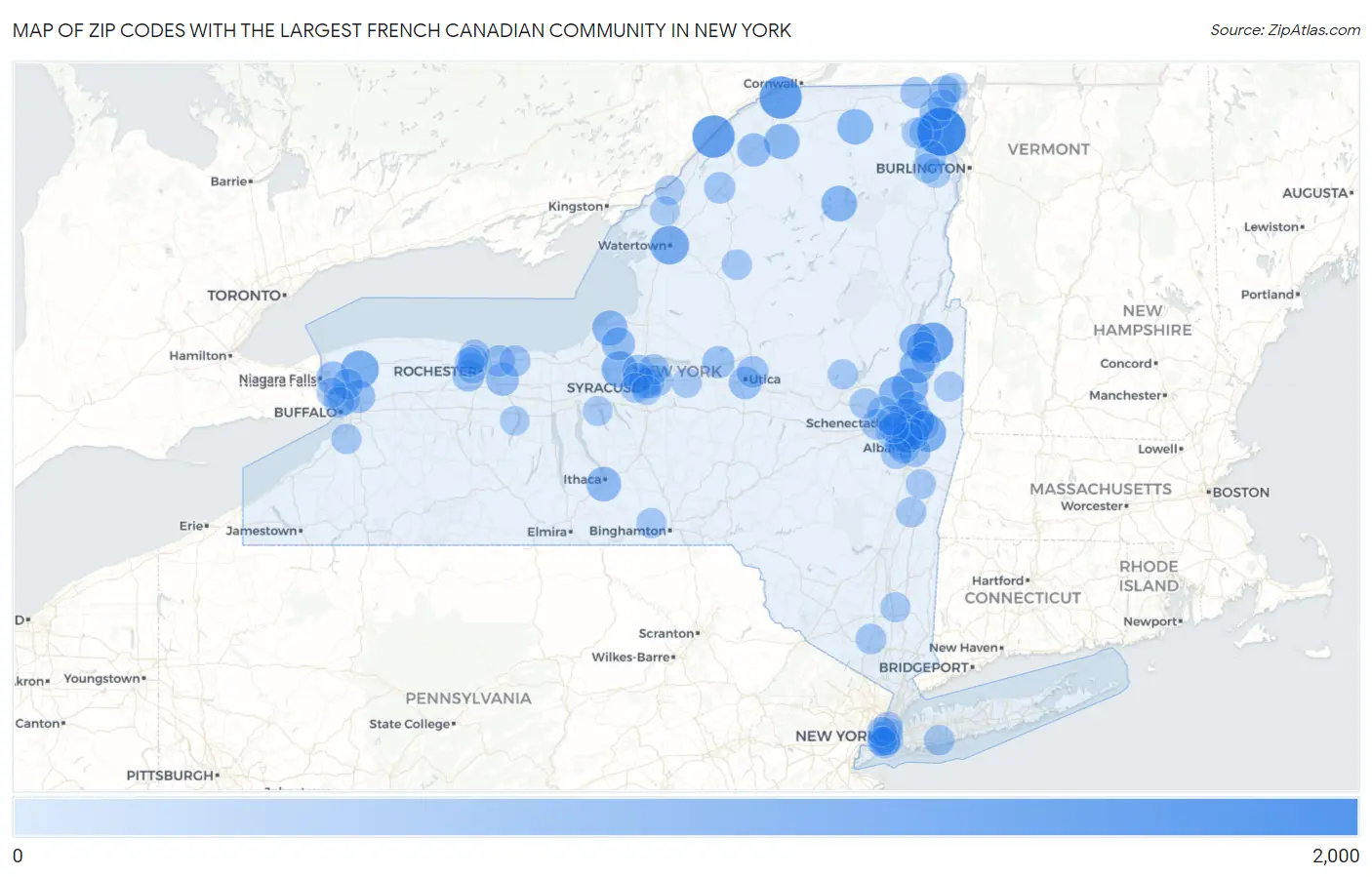 Zip Codes with the Largest French Canadian Community in New York Map