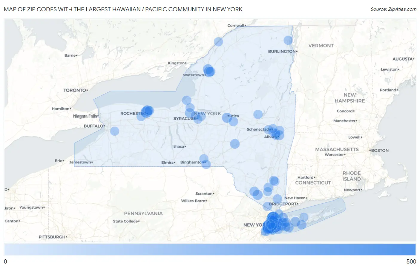 Zip Codes with the Largest Hawaiian / Pacific Community in New York Map