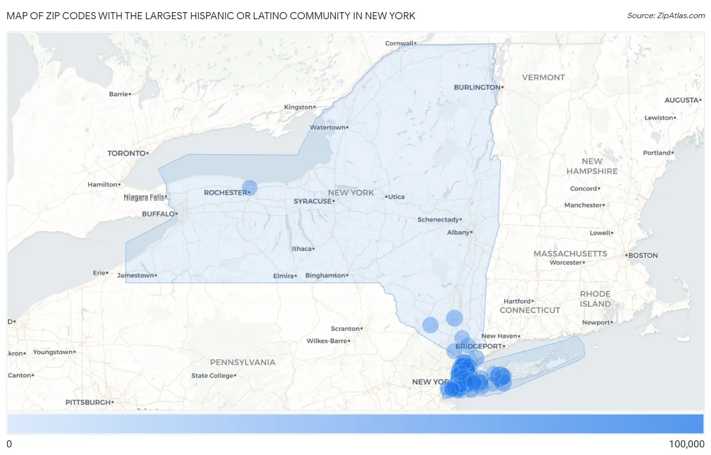 Zip Codes with the Largest Hispanic or Latino Community in New York Map