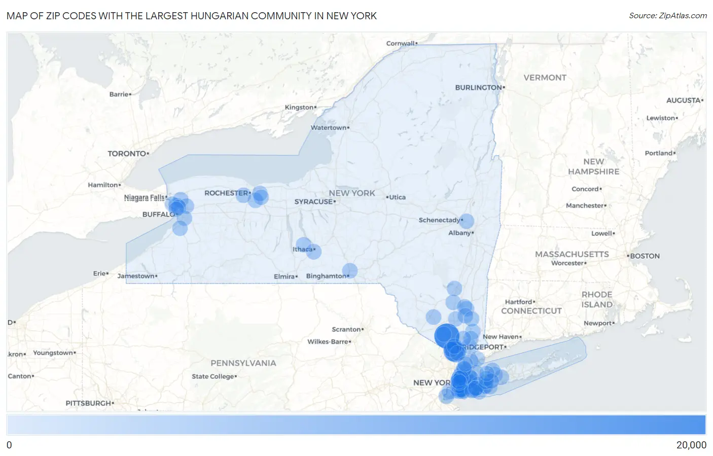 Zip Codes with the Largest Hungarian Community in New York Map