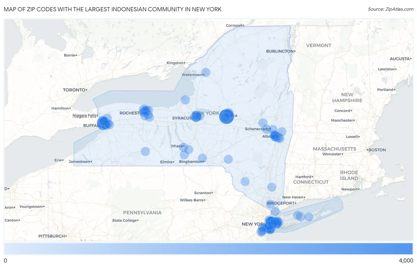 Zip Codes with the Largest Indonesian Community in New York Map