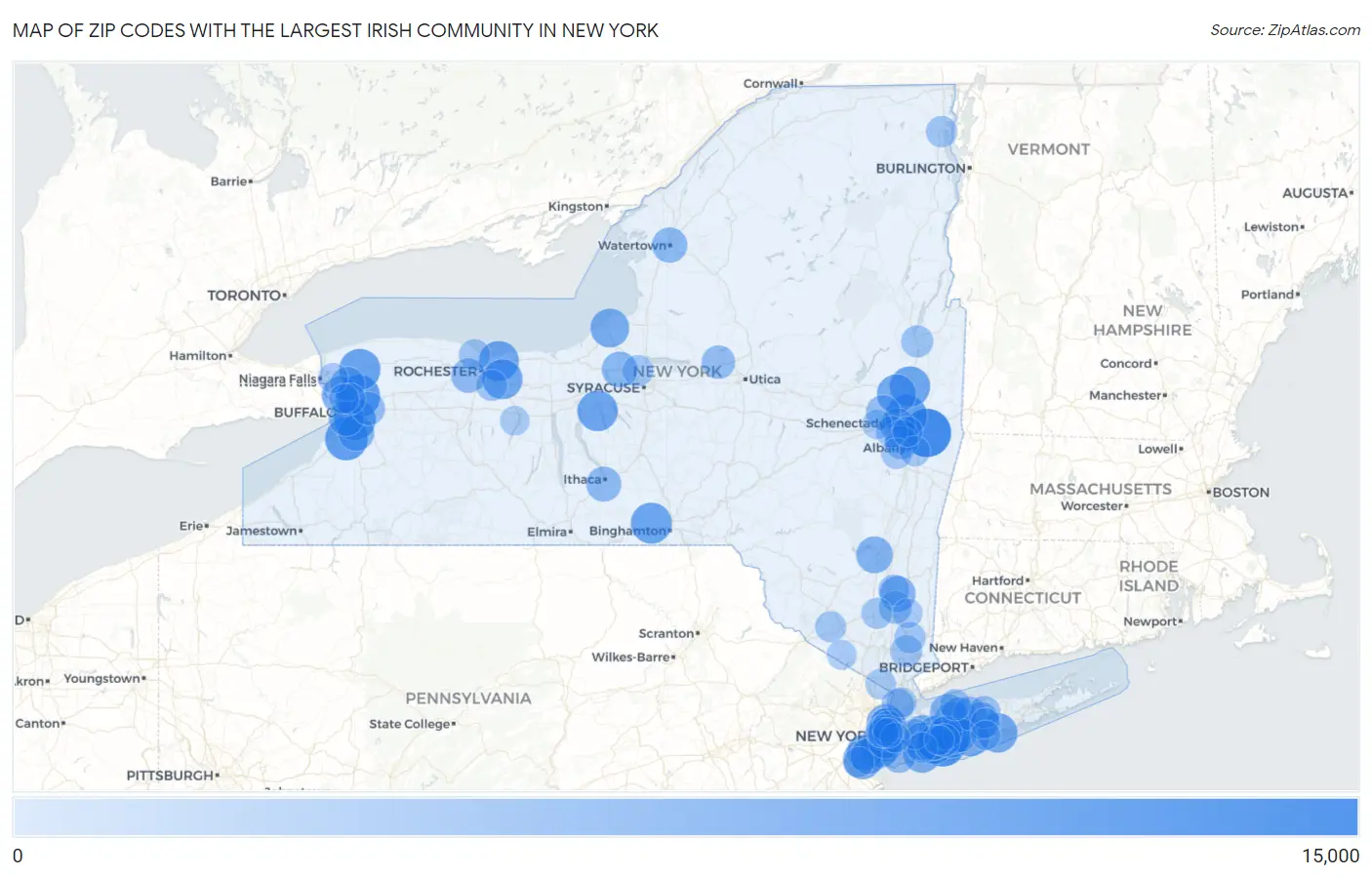 Zip Codes with the Largest Irish Community in New York Map